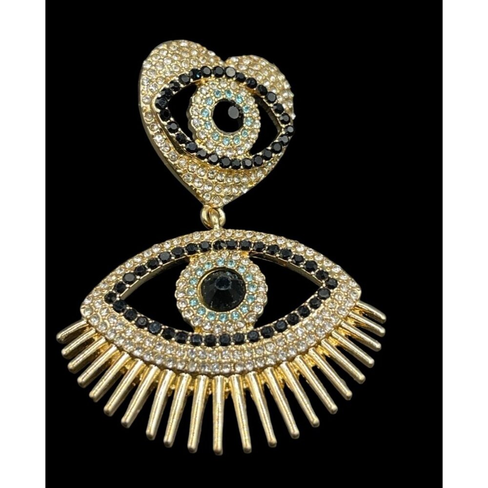 C&C California Evil Eye Heart Dangling Rhinestone Stud Gold Tone Earrings - Picture 2 of 5